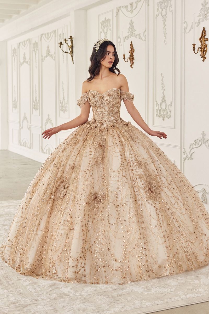 ZARAINE Off Shoulder Glitter Tulle Quinceaera Ball Gown Dress Champagne / L USA ZARAINE Off Shoulder Glitter Tulle Quinceaera Ball Gown Dress Champagne / L USA