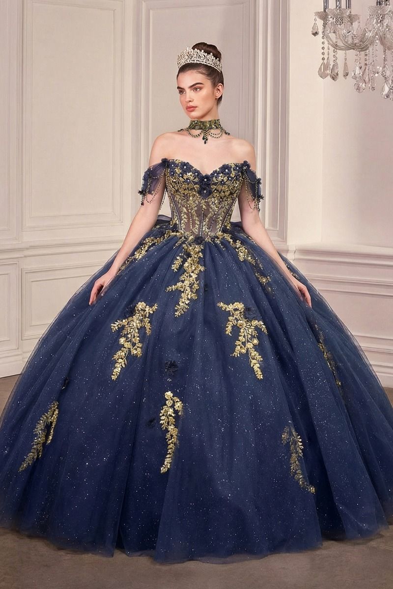 Off-Shoulder Floral Appliqué Quinceañera Ball Gown with Oversized Bow