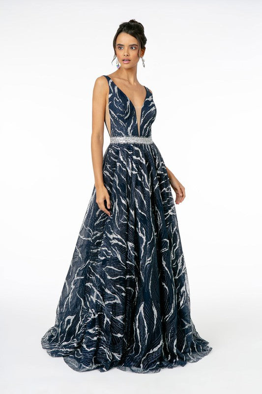 Jewel Accented Waist Glitter Long A-line Silhouette Dress from GLS by Gloria XS / Navy Jewel Accented Waist Glitter Long A-line Silhouette Dress from GLS by Gloria XS / Navy