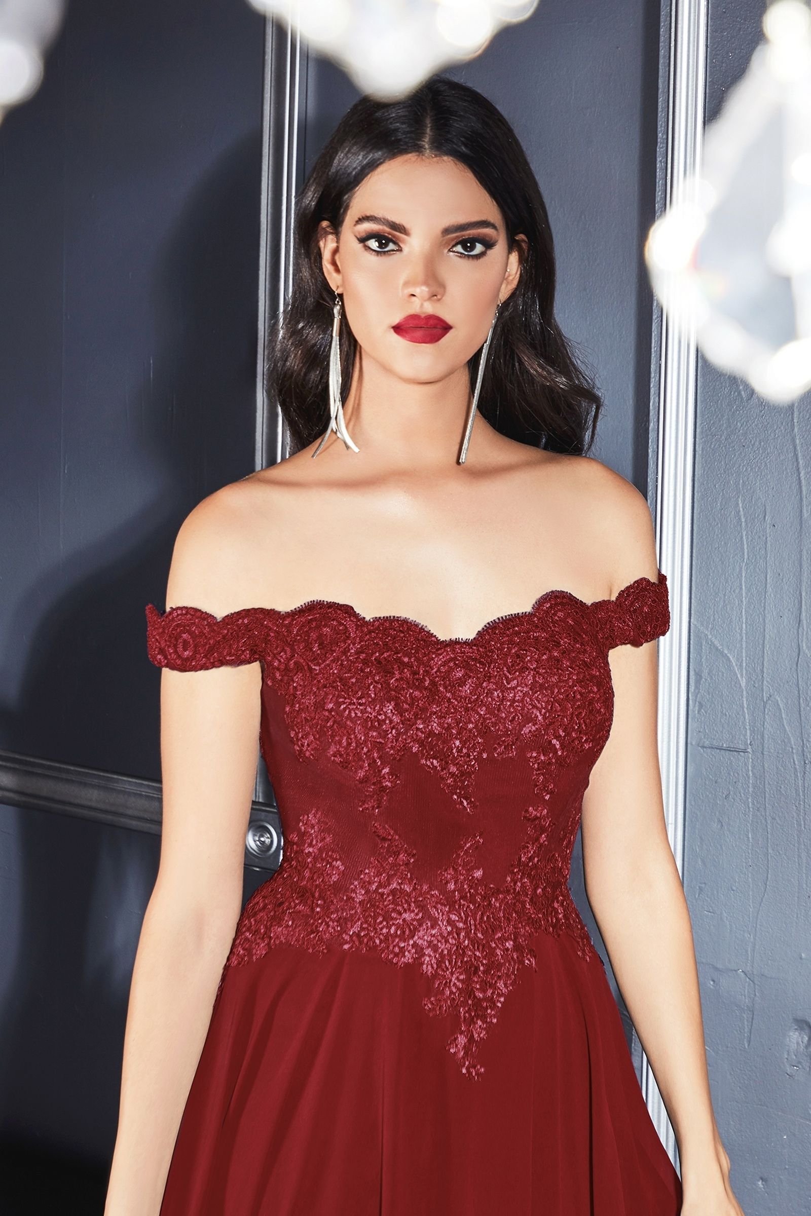 Off The Shoulder Lace Bodice Gown With Flowy Chiffon Bottom And Leg Slit In Lining. XS / Charcoal Off The Shoulder Lace Bodice Gown With Flowy Chiffon Bottom And Leg Slit In Lining. XS / Charcoal