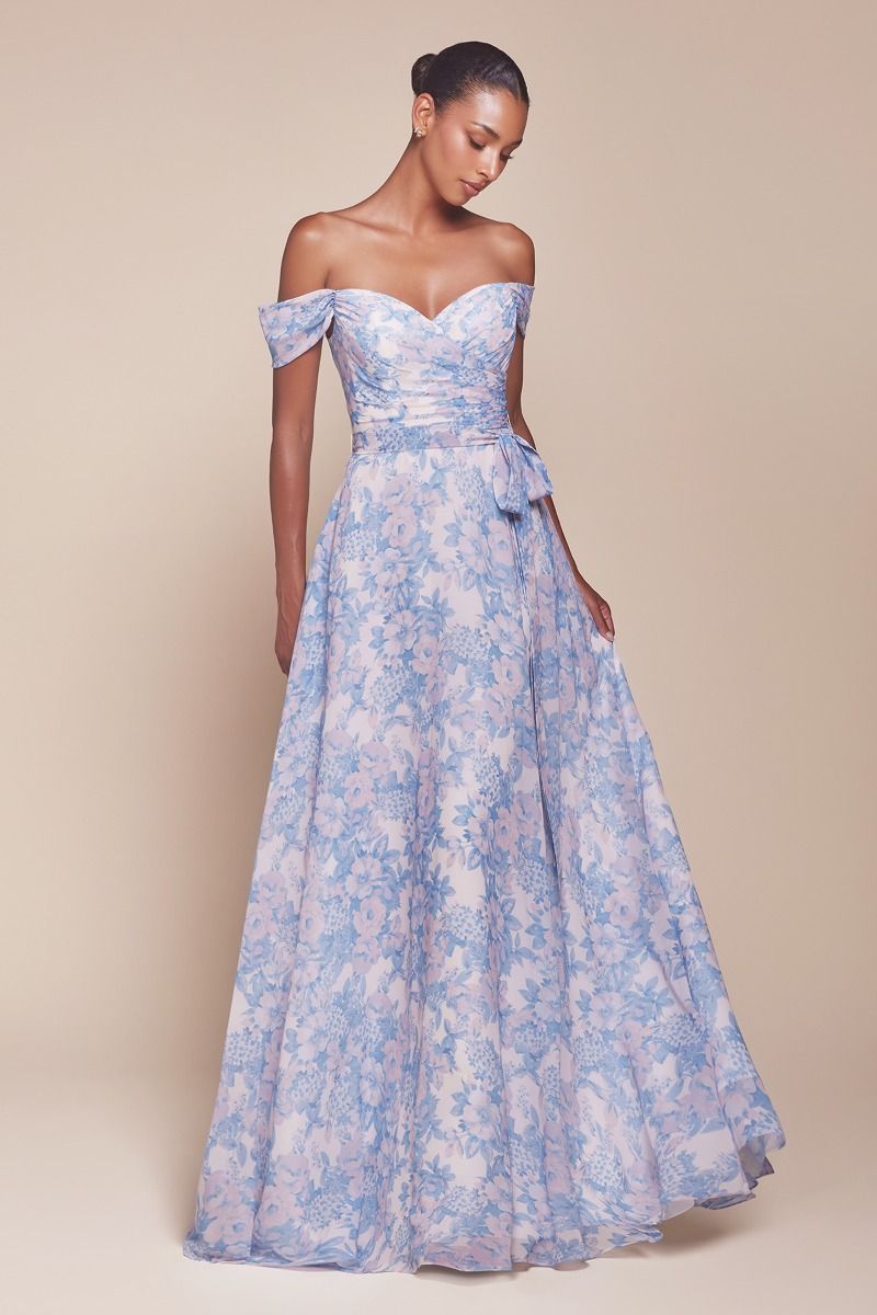 Ladivine 7441 Off Shoulder Satin Floral Printed A Line Dress, Blue / 6 Ladivine 7441 Off Shoulder Satin Floral Printed A Line Dress, Blue / 6