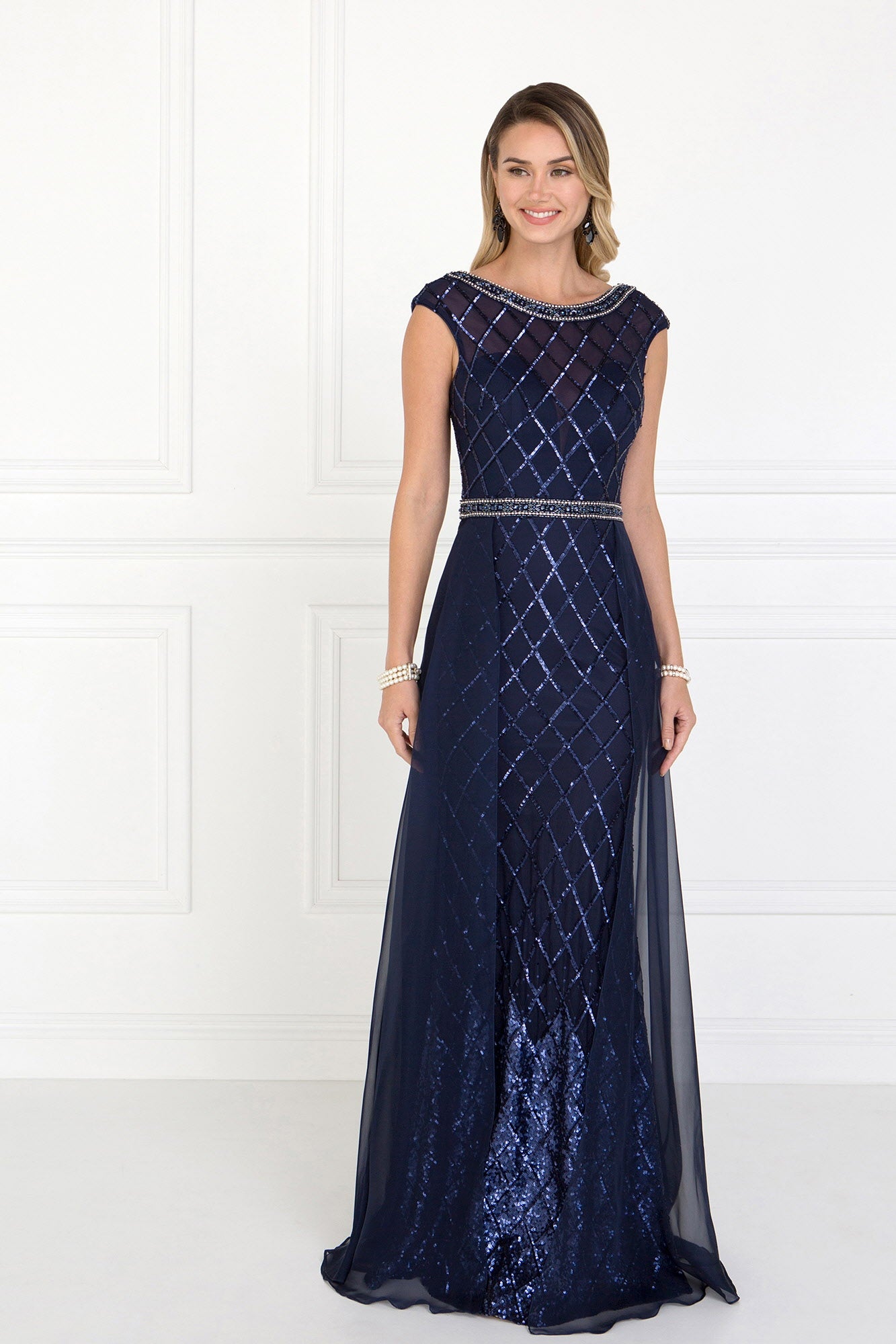 Chiffon Empire Long Dress with Jewels and Chiffon Overlay XS / Navy Chiffon Empire Long Dress with Jewels and Chiffon Overlay XS / Navy