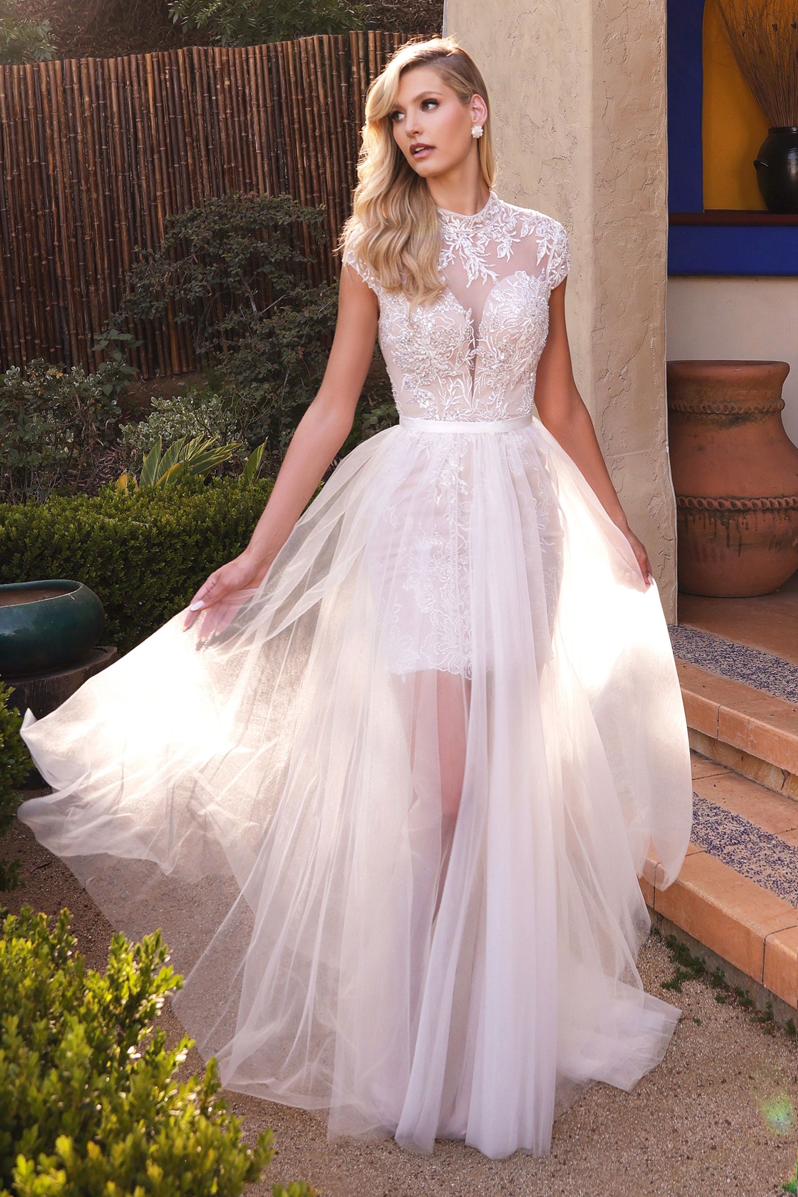 Evangeline Two-Way Lace Bridal Gown with Detachable Tulle Overskirt 6 / Off White-Nude