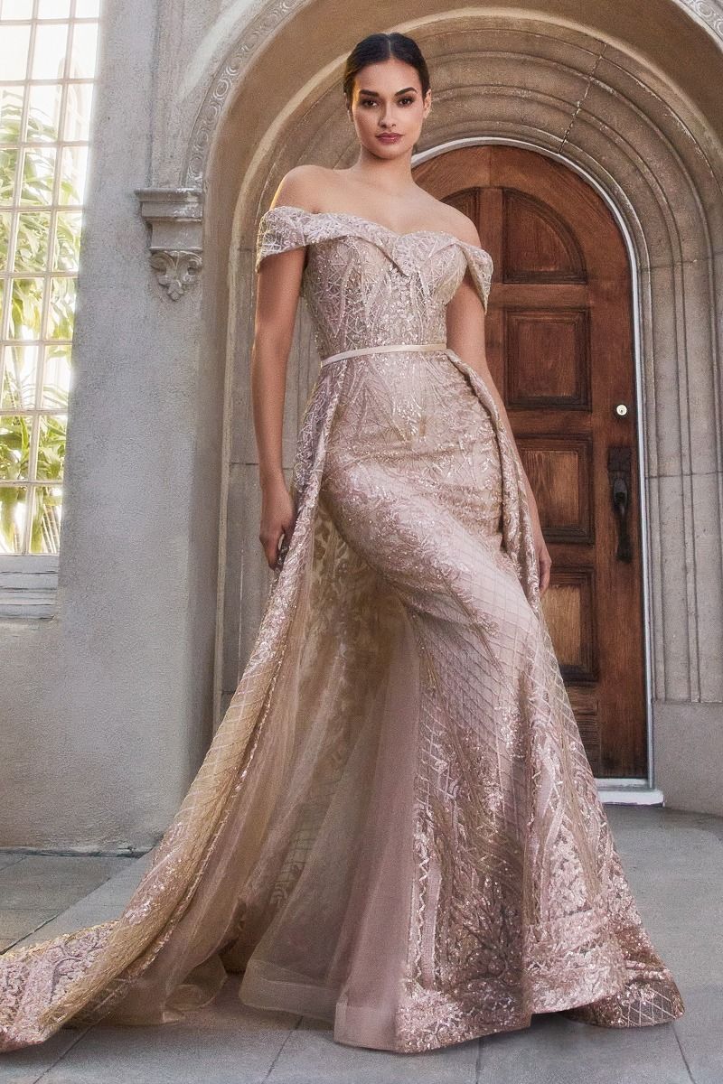 Sequin Lace Off The Shoulder Gown With Overskirt Tux-USA Sequin Lace Off The Shoulder Gown With Overskirt Tux-USA