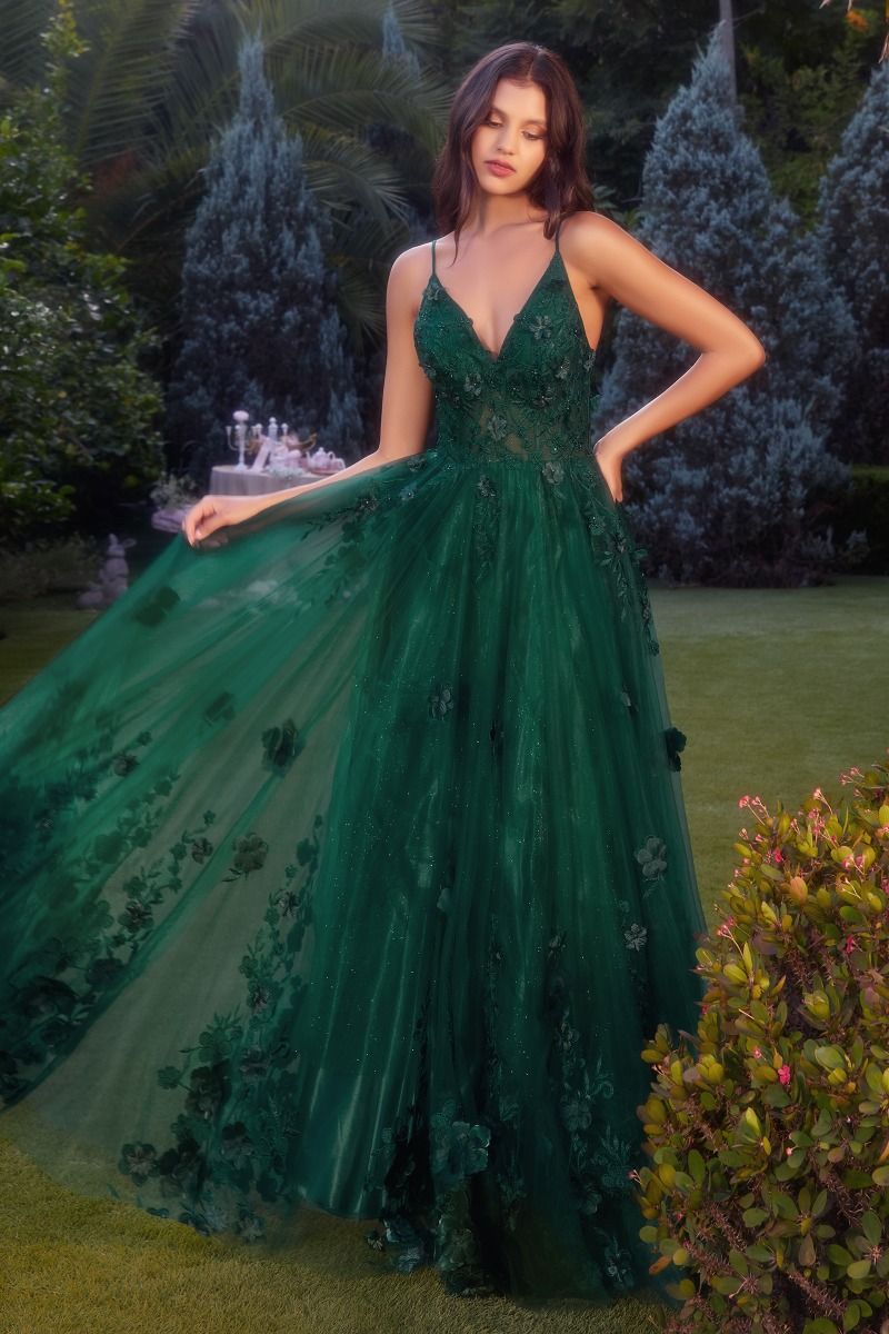 Andrea & Leo A1326 Floral Applique Ball Gown, Emerald / 6 Andrea & Leo A1326 Floral Applique Ball Gown, Emerald / 6