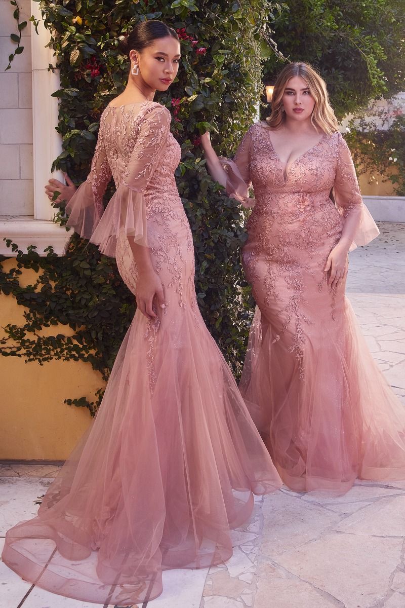Fitted Lace Mermaid Gown With Trumpet Sleeve Tux-USA Fitted Lace Mermaid Gown With Trumpet Sleeve Tux-USA