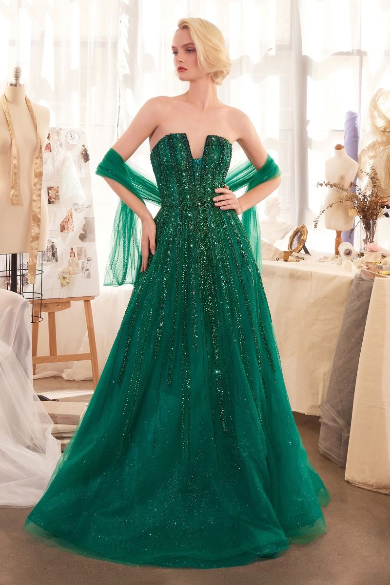 Strapless Ombre Beaded A-Line Gown with Shawl | Lady Black Tie Emerald / 10 Strapless Ombre Beaded A-Line Gown with Shawl | Lady Black Tie Emerald / 10