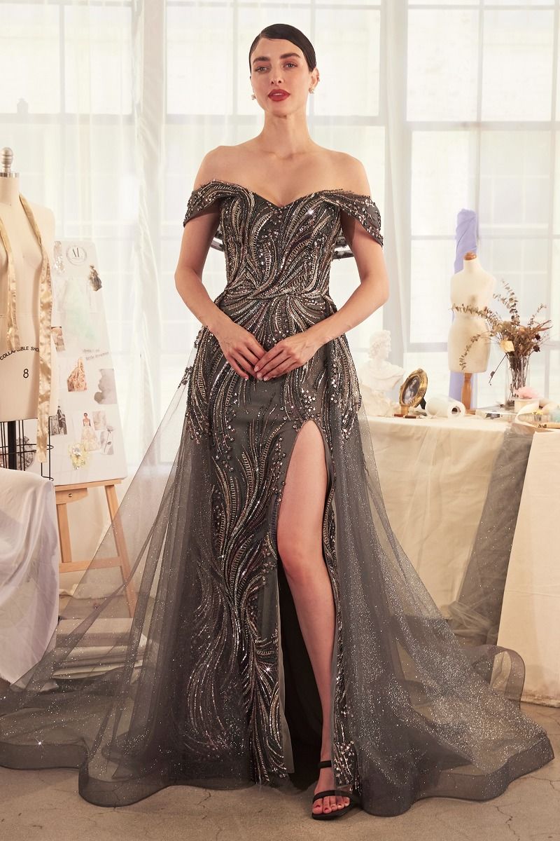 Off The Shoulder Beaded Gown & Overskirt 8 / Dark Silver Off The Shoulder Beaded Gown & Overskirt 8 / Dark Silver
