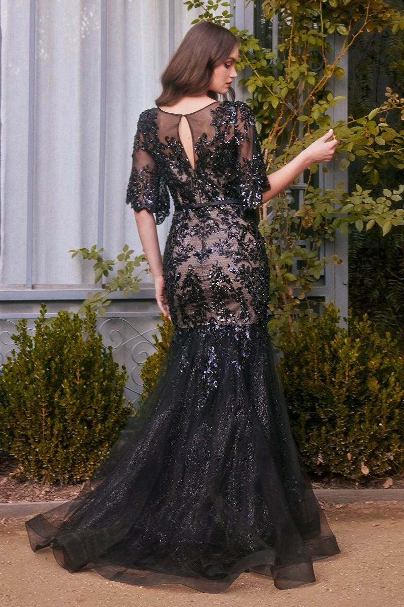 Long Black Lace Mermaid Prom Dress with Sleeves Black Nude / 20 Long Black Lace Mermaid Prom Dress with Sleeves Black Nude / 20