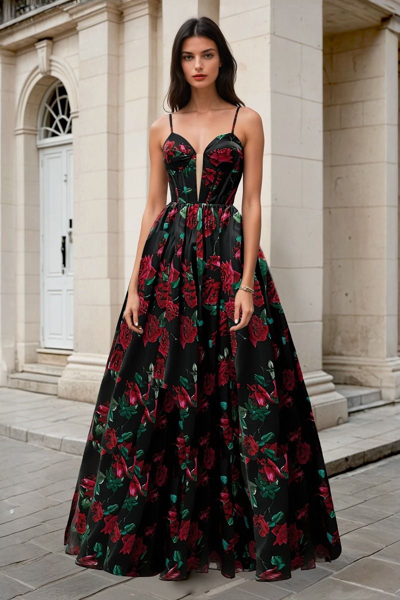 ROSALIN Roses Pattern A Line Prom Dress - Floral Elegance | One Honey Black / 0 USA ROSALIN Roses Pattern A Line Prom Dress - Floral Elegance | One Honey Black / 0 USA