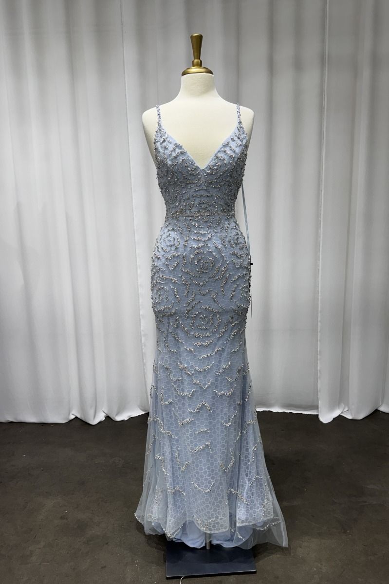 Fitted Beaded Blue Gown Tux-USA Fitted Beaded Blue Gown Tux-USA