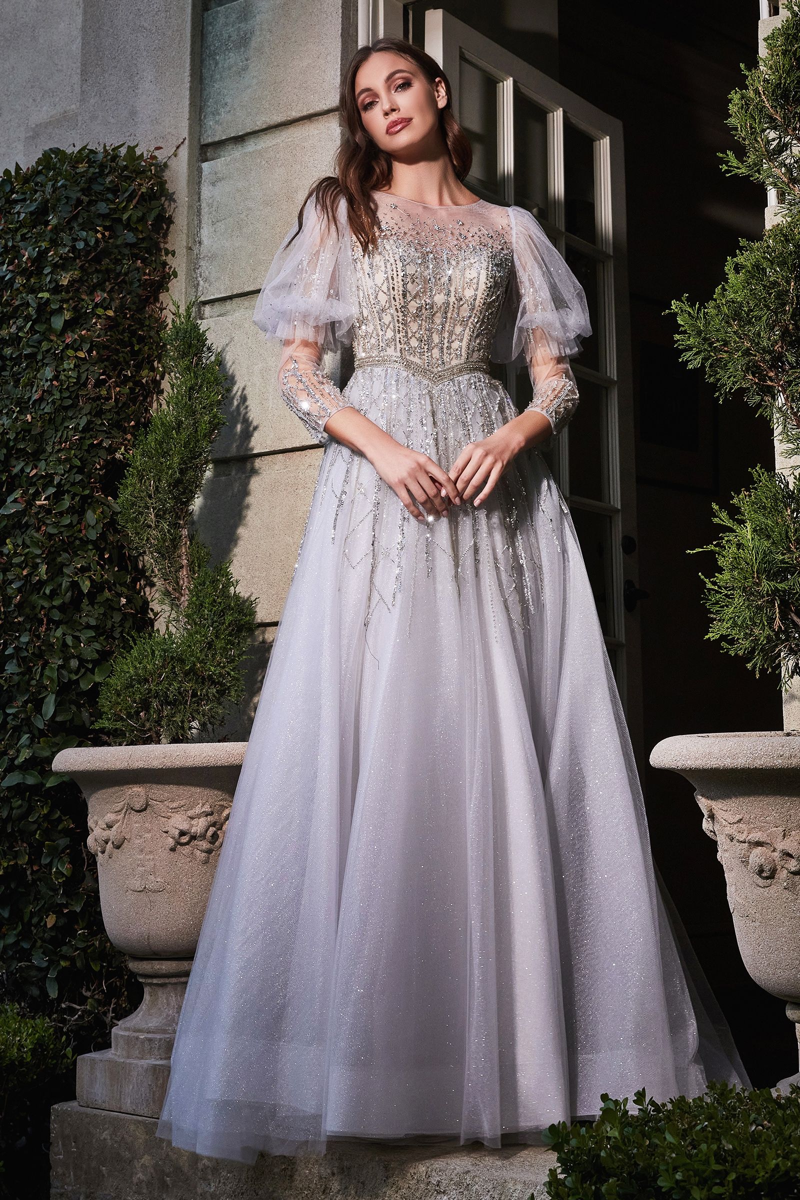 long ball gown dresses with sleeves Long Beaded A-Line Formal Dress with Long Sleeves Black / 8