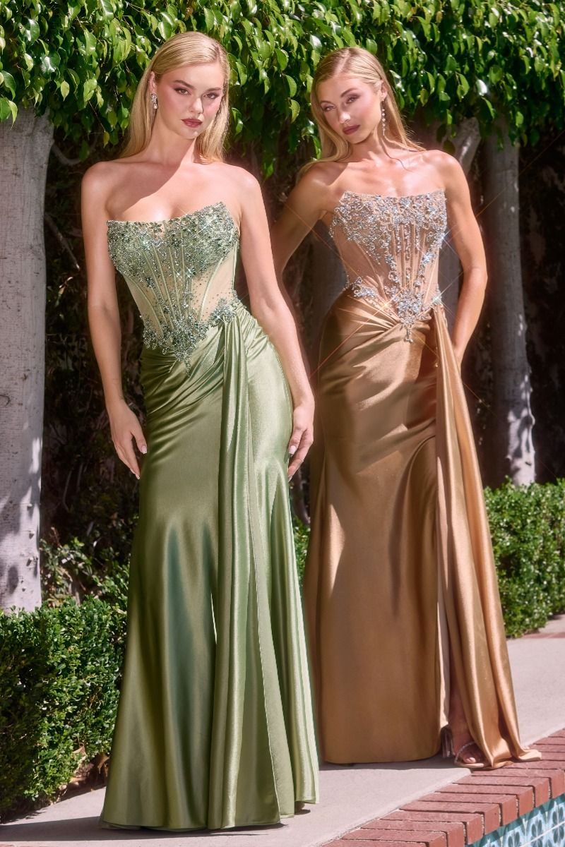 Illusion Mesh Beaded Corset Gown with Draped Satin Slit