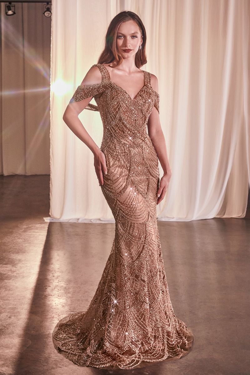 Beaded Long Sienna Prom Dress with Draped Shoulders Sienna / 12 Beaded Long Sienna Prom Dress with Draped Shoulders Sienna / 12