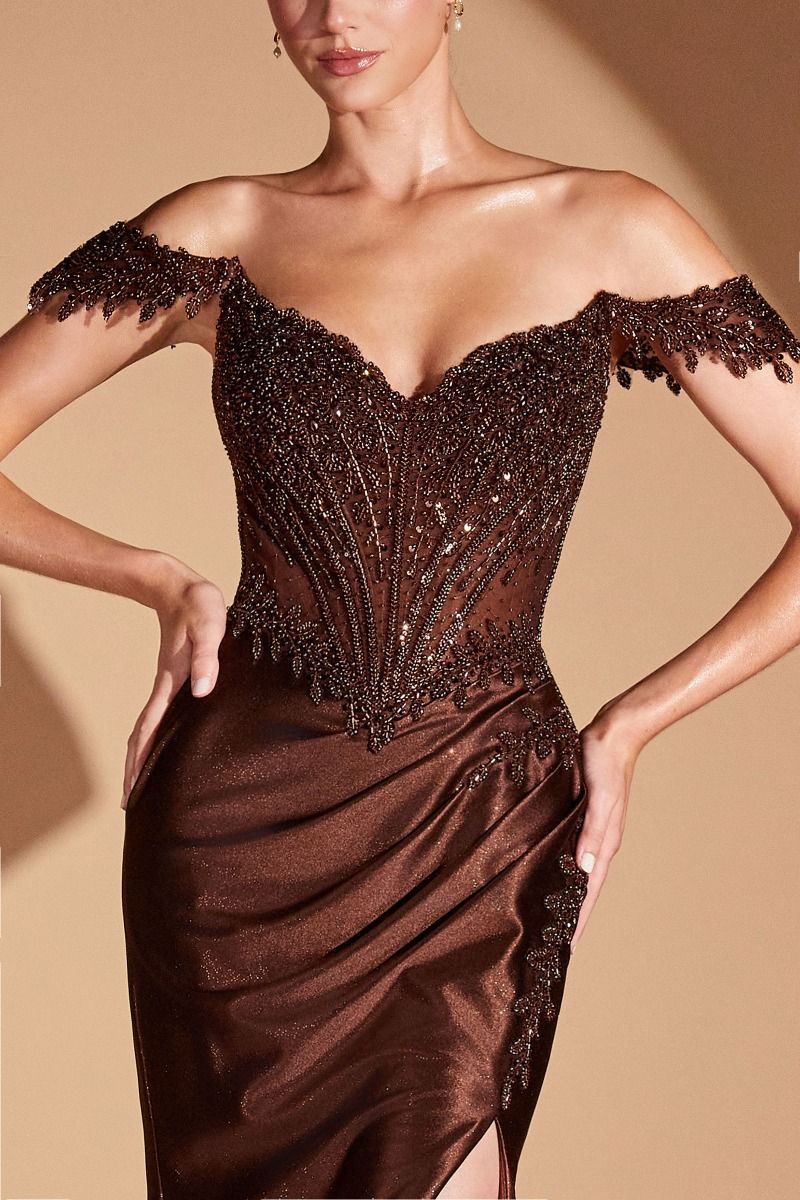 Off-The-Shoulder Fitted Gown Lace Corset Bodice Glitter Satin Skirt Slit