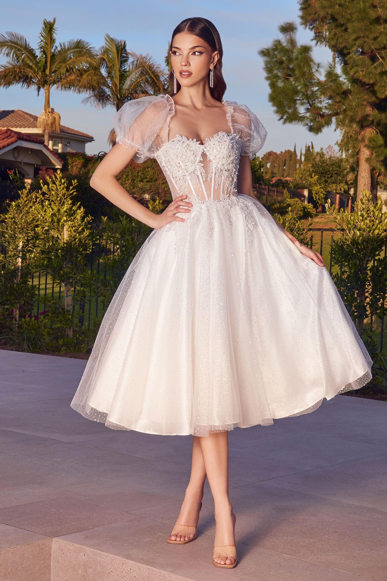 Tea Length Glitter Tulle Gown S / Off White Tea Length Glitter Tulle Gown S / Off White