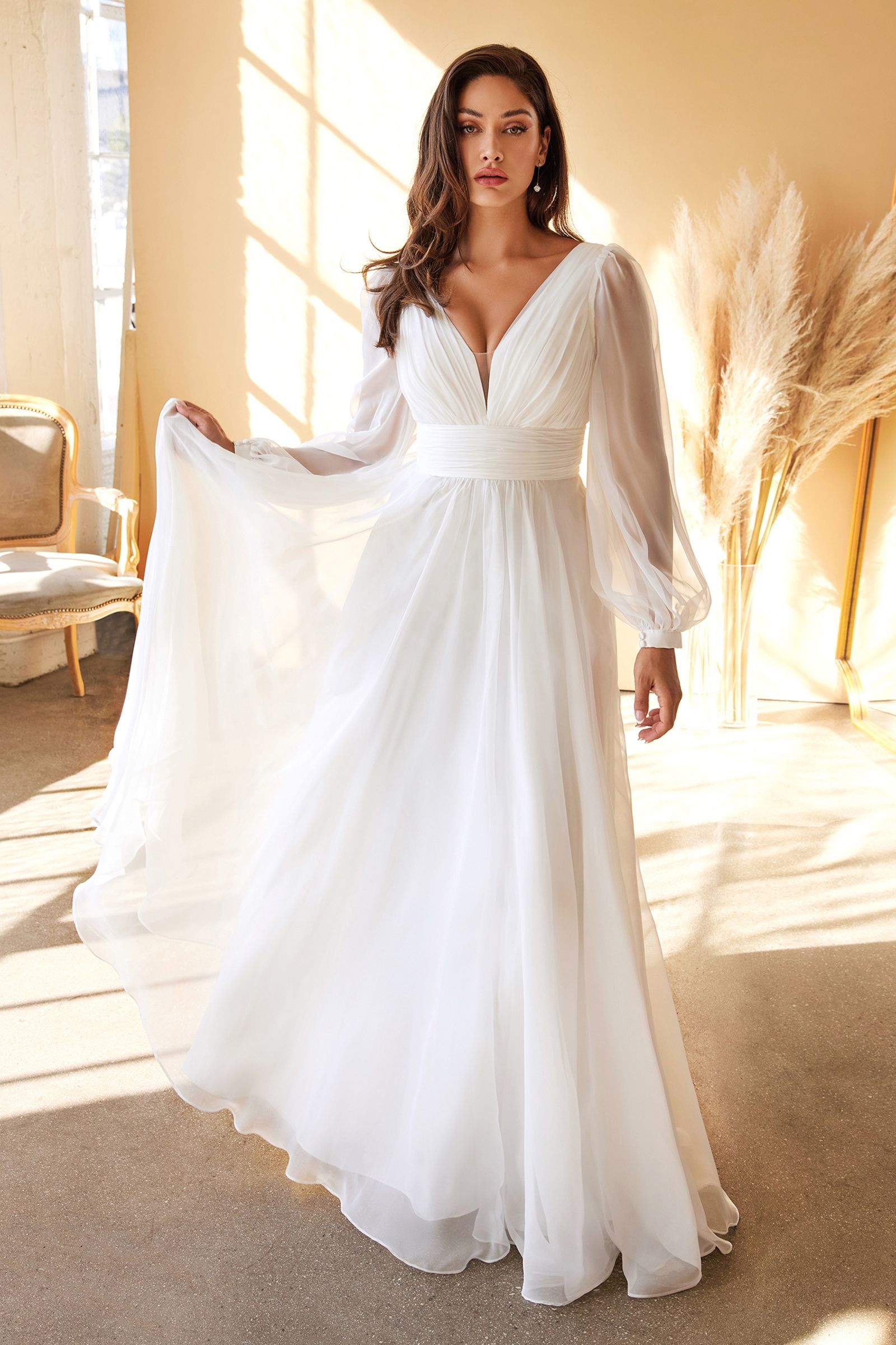 Long White Chiffon Formal Dress with Long Sleeves - Off White / XLarge Long White Chiffon Formal Dress with Long Sleeves - Off White / XLarge