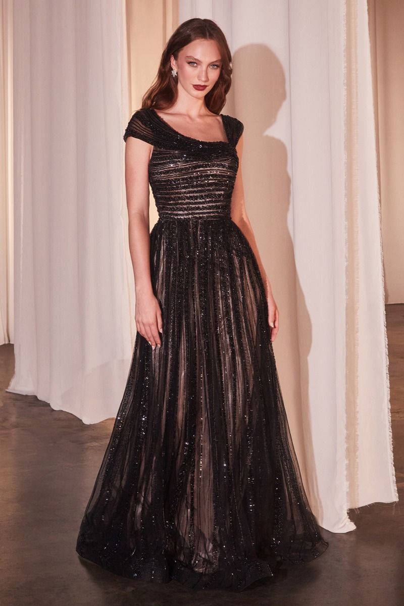 Long Beaded A-Line Prom Dress with Cap Sleeves Black Nude / 6 Long Beaded A-Line Prom Dress with Cap Sleeves Black Nude / 6