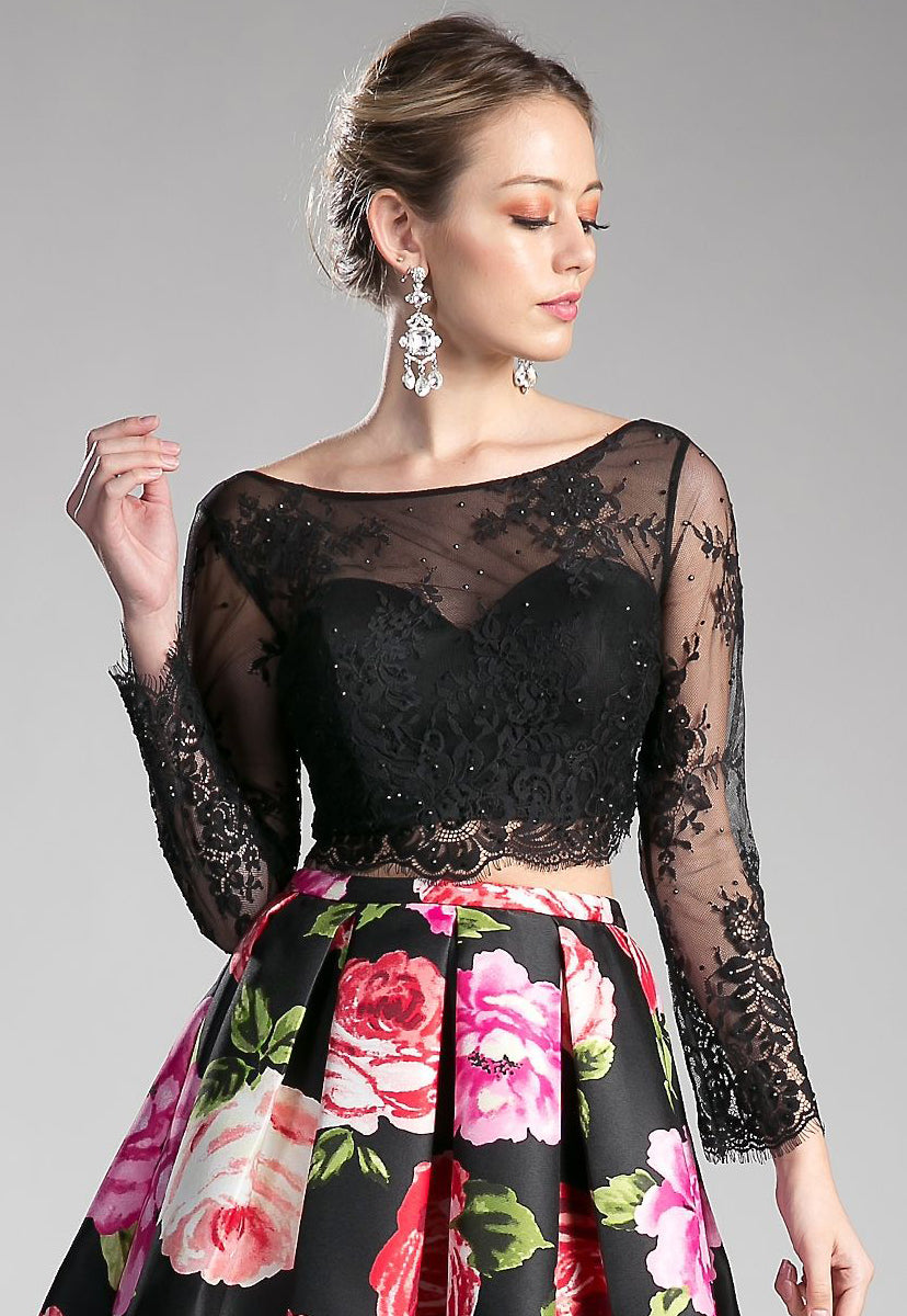 Beaded long sleeve lace crop top. TOP ONLY 6 / Black Beaded long sleeve lace crop top. TOP ONLY 6 / Black