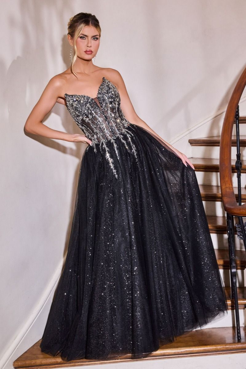 Strapless Crystal Corset A-Line Glitter Tulle Gown 16 / Black-Silver