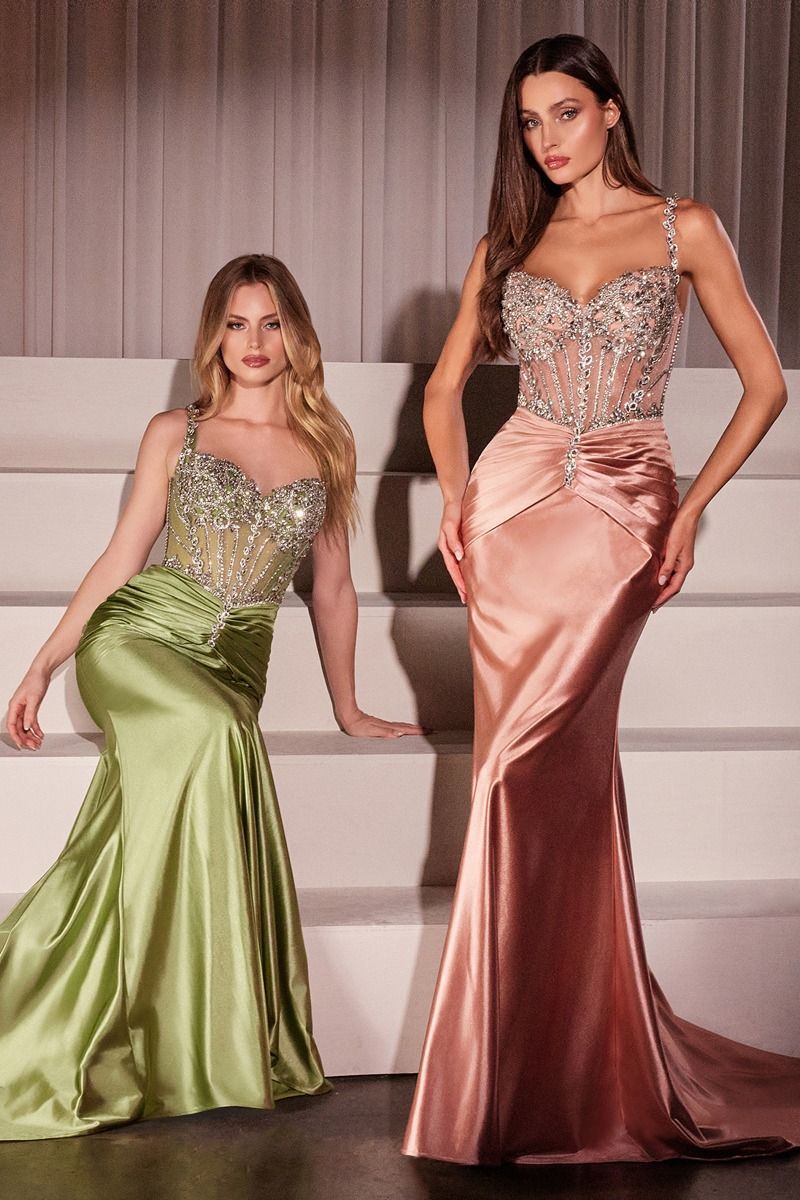 Crystal Embellished Fitted Satin Dress 4 / Dusty Blue