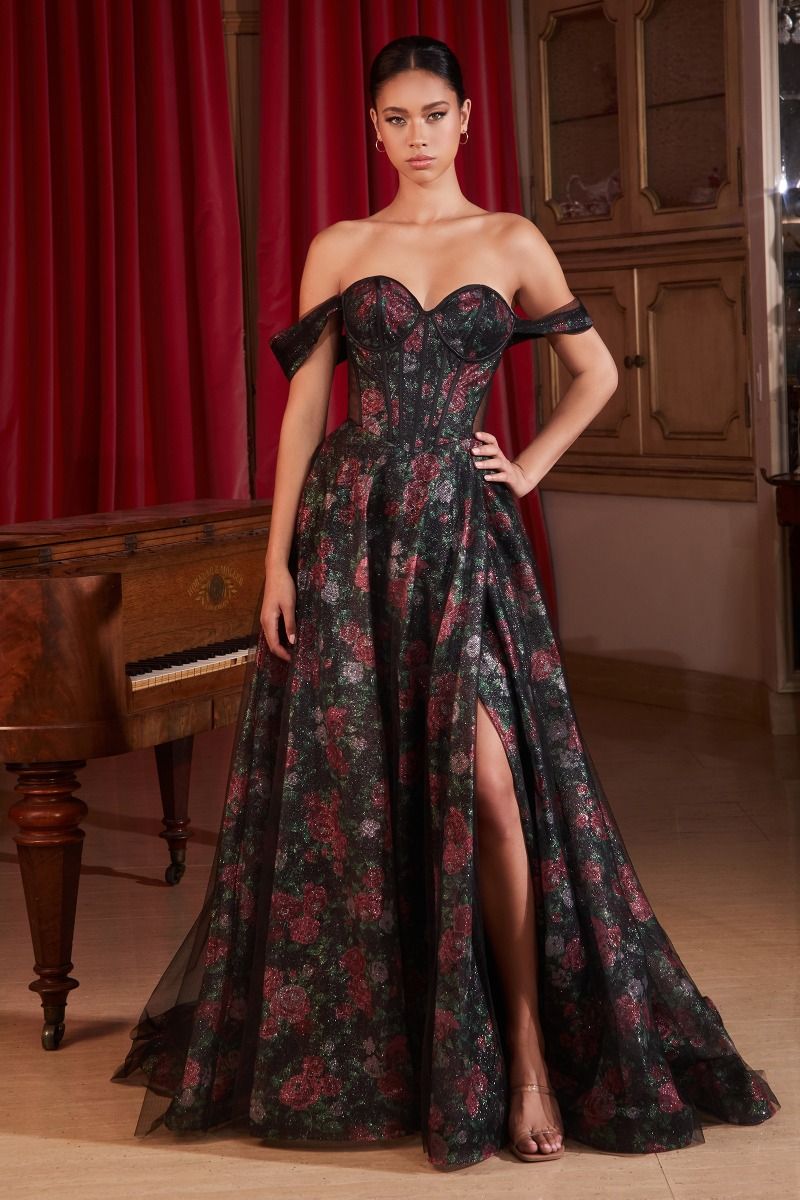 black off the shoulder dress with red flowers Janna Twist Maxi Dress-Black/Red S
