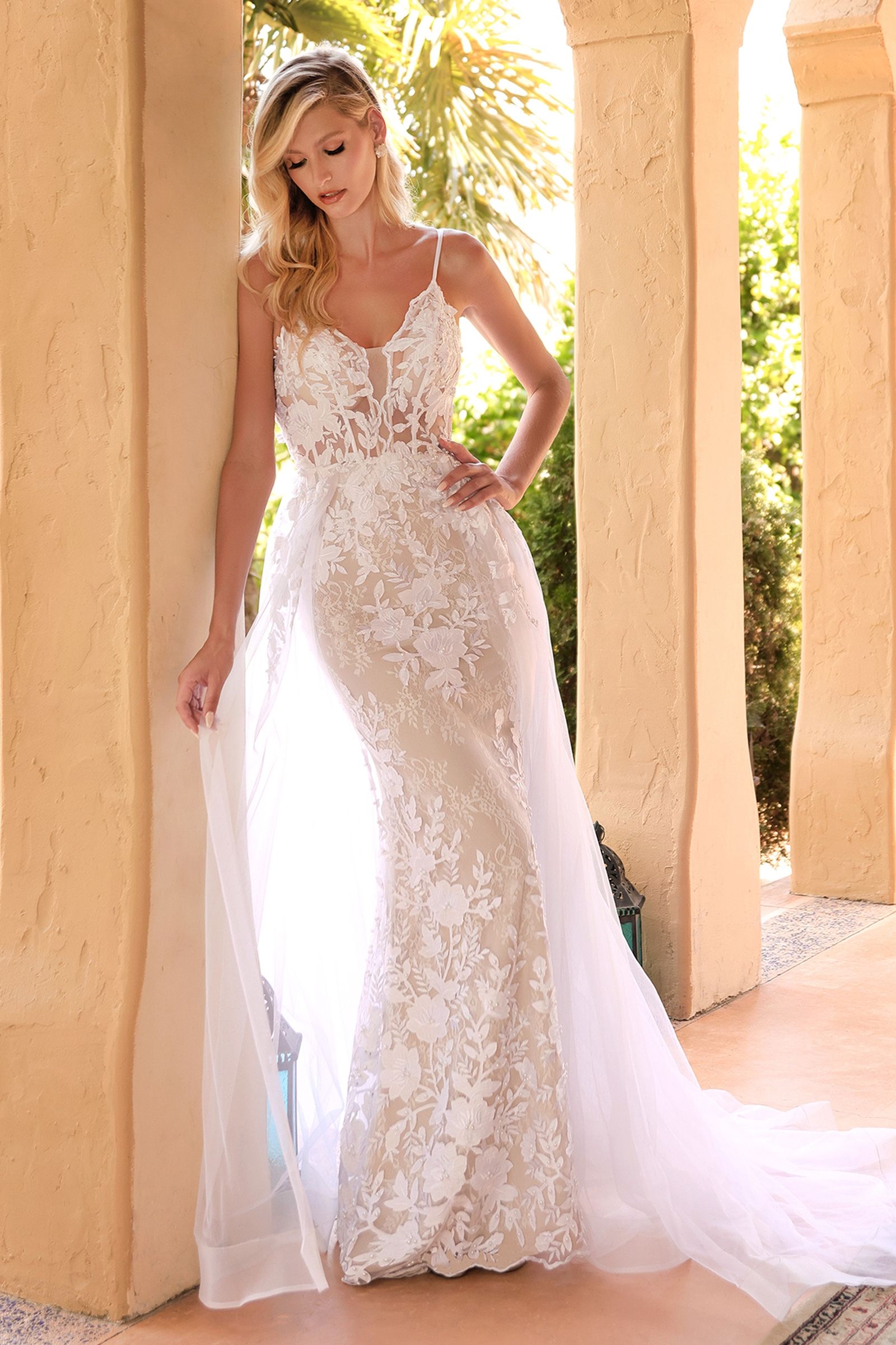 Ladivine CD931W Lace Wedding Gown with Overskirt, Off White / 8 Ladivine CD931W Lace Wedding Gown with Overskirt, Off White / 8