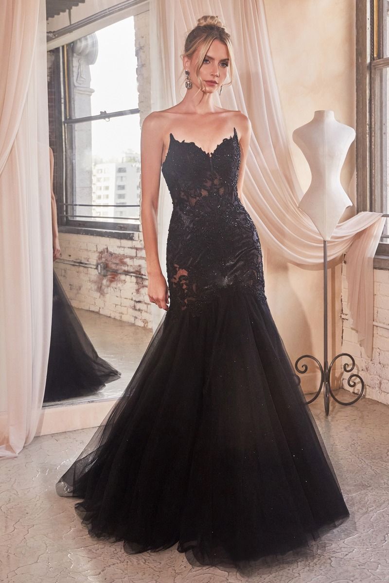 Strapless Embroidered-Lace Long Mermaid Prom Dress Black / 6 Strapless Embroidered-Lace Long Mermaid Prom Dress Black / 6