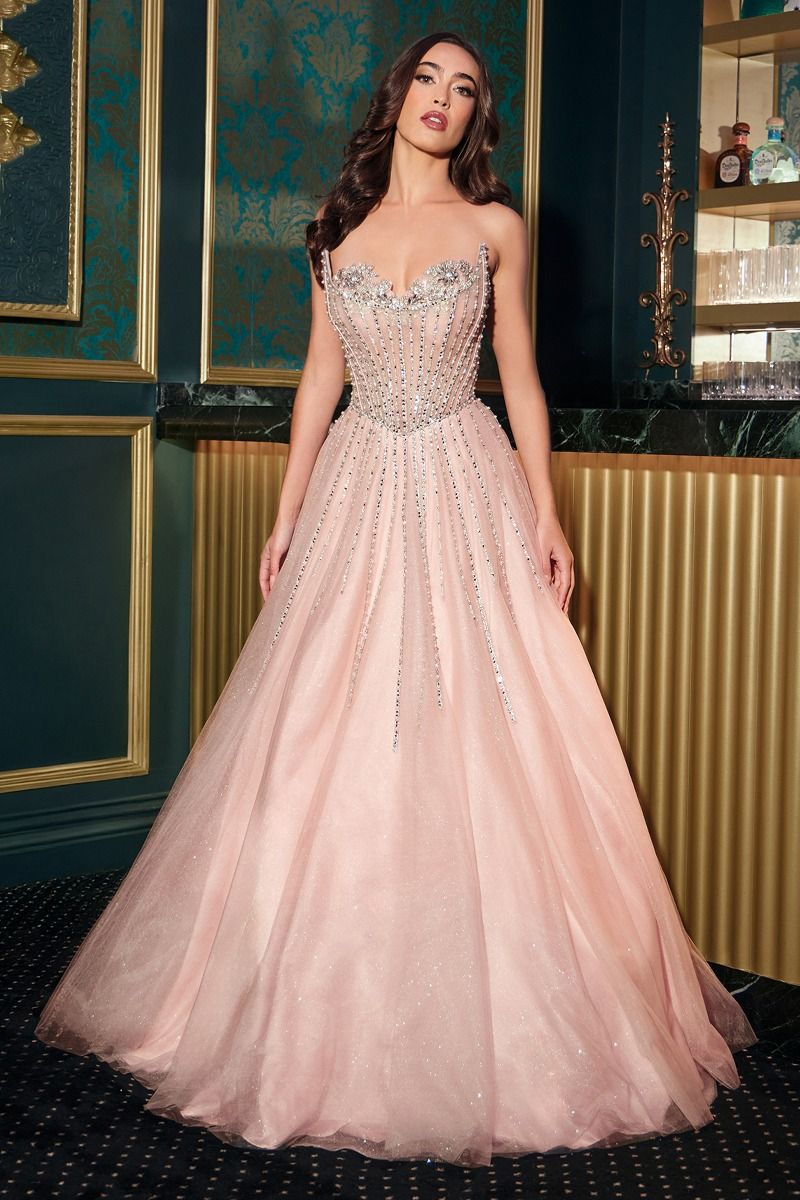 Strapless Ball Gown Beaded Bustline Linear Crystal Glitter Tulle Skirt   Tux-USA