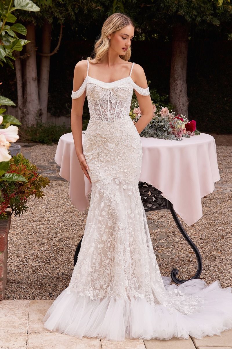 Lada Off Shoulder Lace Beaded Bridal Wedding Dress Off White / 10 USA Lada Off Shoulder Lace Beaded Bridal Wedding Dress Off White / 10 USA