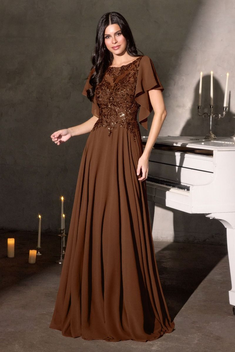 Long A-Line Formal Dress with Short Flutter Sleeves Brown / 8