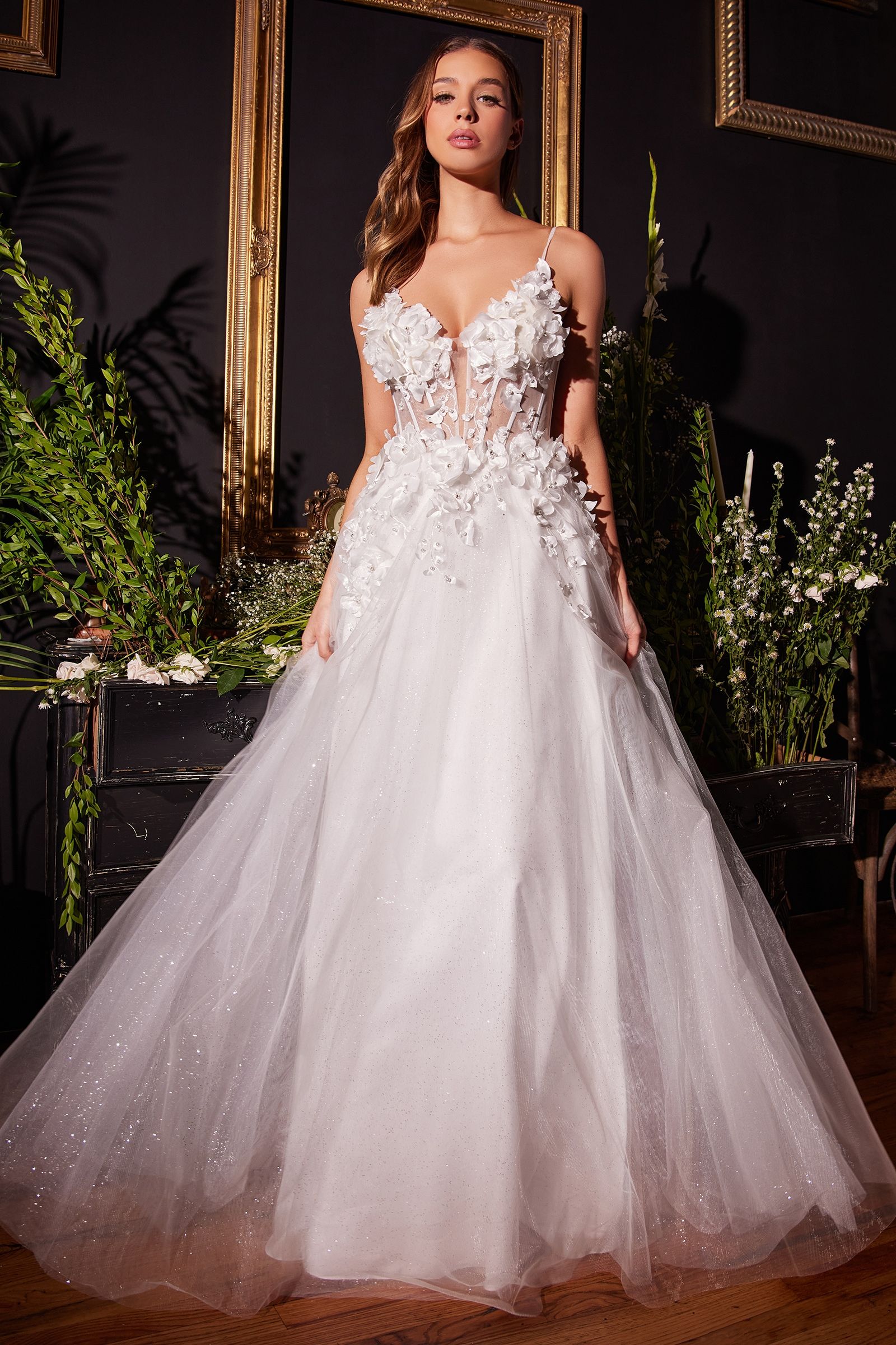 LaDivine CM321W Long Floral Applique A Line Wedding Dress - Off White / 6 LaDivine CM321W Long Floral Applique A Line Wedding Dress - Off White / 6