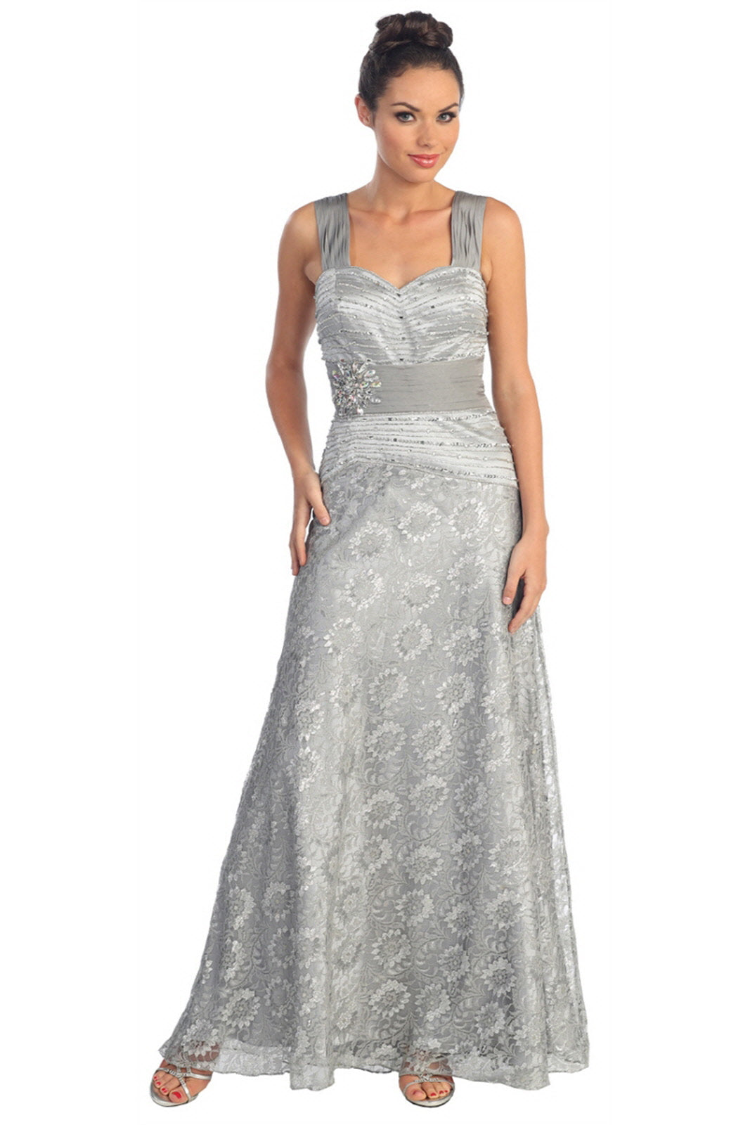 Daisy Pattern Lace Long Dress with Jewel Embellished Bodice S / Silver Daisy Pattern Lace Long Dress with Jewel Embellished Bodice S / Silver