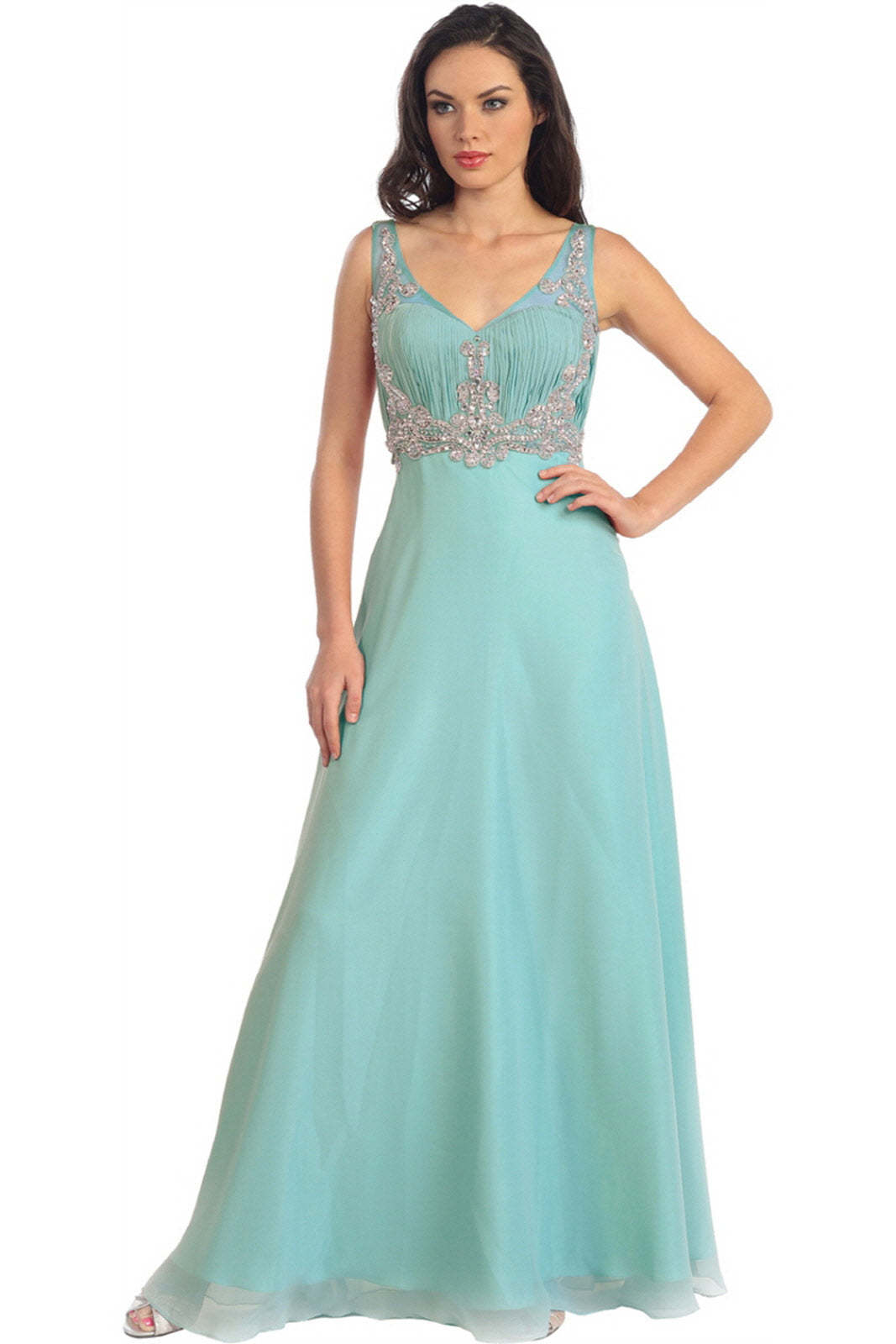 V-Neck Chiffon Long Dress with Beaded Sheer Straps M / Tiffany V-Neck Chiffon Long Dress with Beaded Sheer Straps M / Tiffany