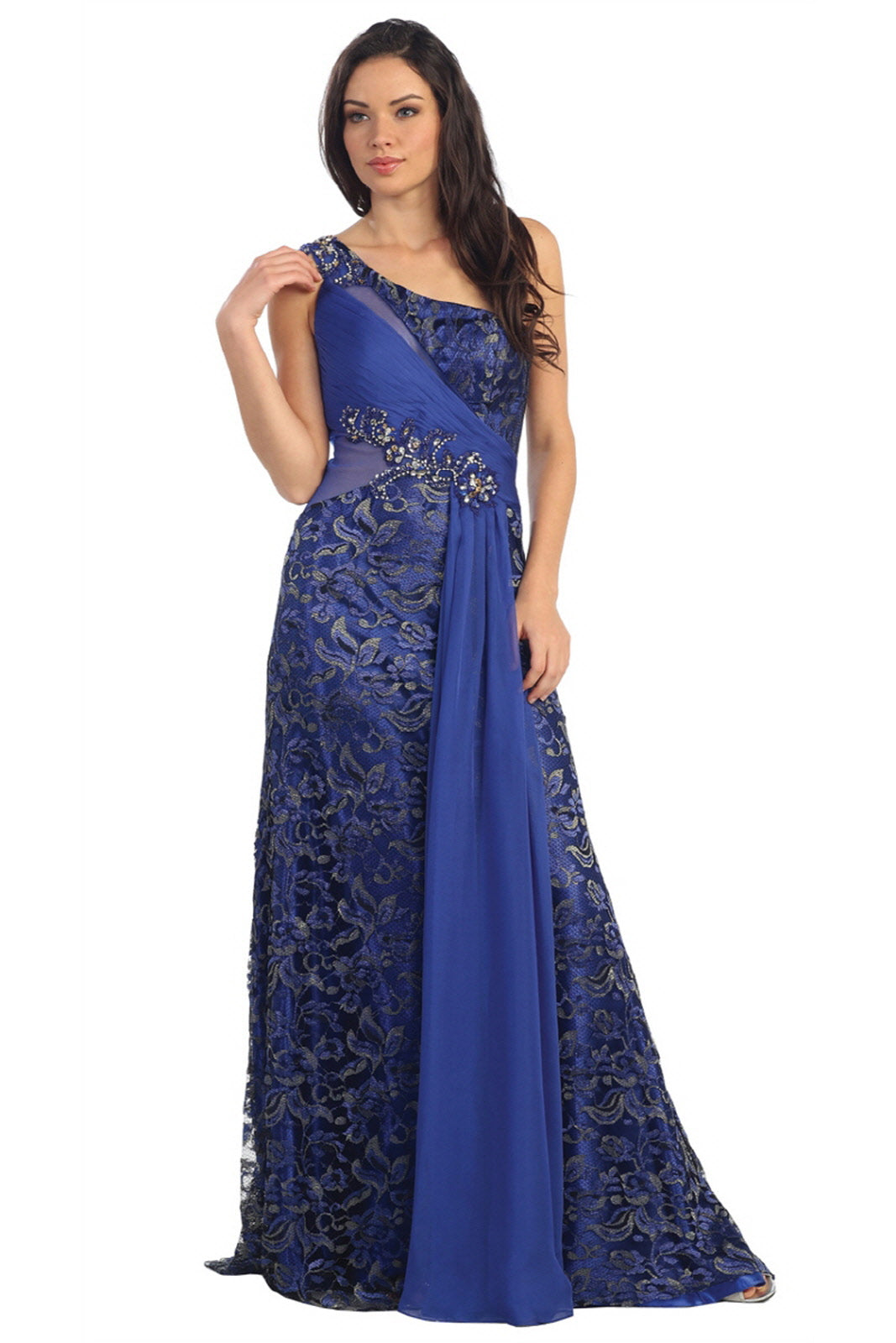 One Shoulder Lace Long Dress with Beaded Waist and Chiffon Overlay XS / Royal Blue One Shoulder Lace Long Dress with Beaded Waist and Chiffon Overlay XS / Royal Blue