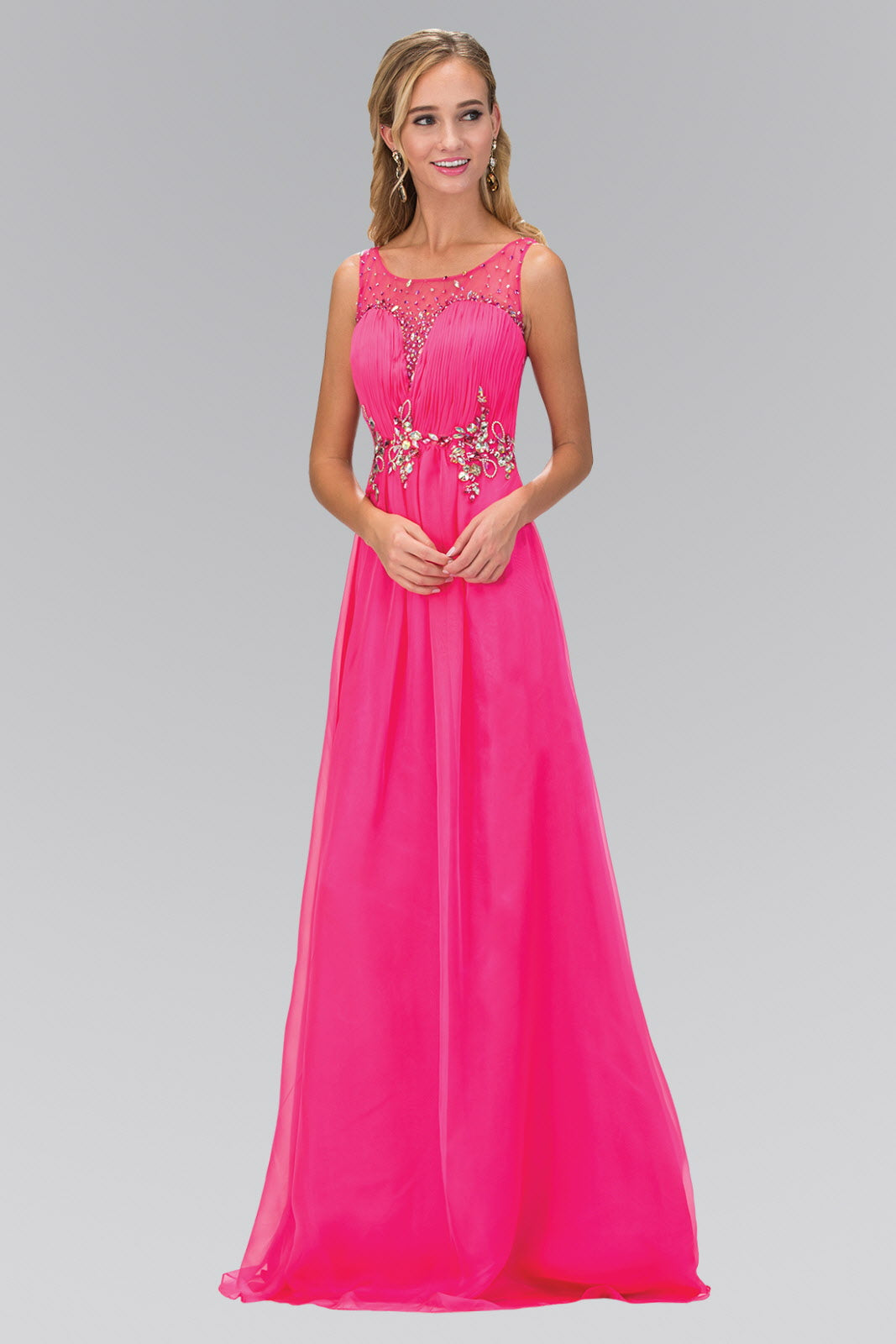 Ruched Bodice Chiffon Long Dress with Jeweled Neckline and Waist Tux-USA Ruched Bodice Chiffon Long Dress with Jeweled Neckline and Waist Tux-USA