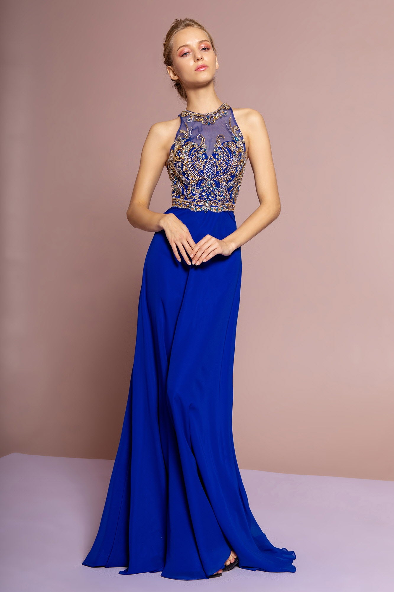 Jewel and Bead Embellished Long Dress with Back Cut Out Xs / Royal Blue Jewel and Bead Embellished Long Dress with Back Cut Out Xs / Royal Blue