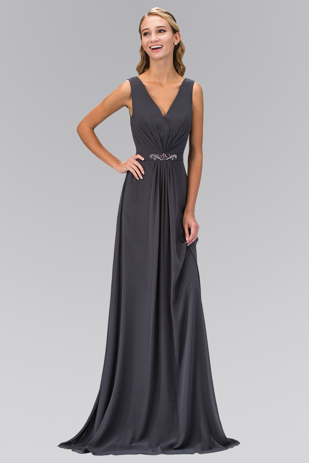 V-Neck Chiffon Long Dress Accented with Jewel on Waist XS / Charcoal