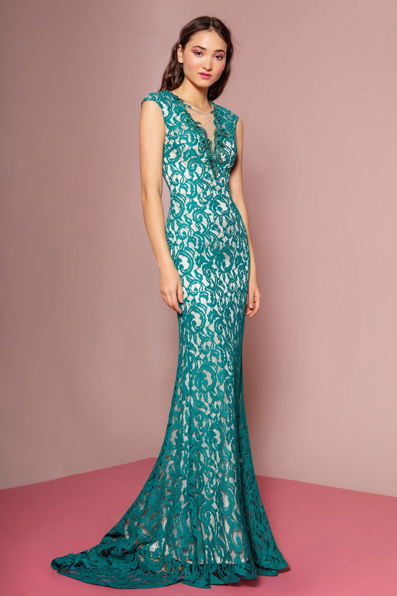 Lace Floor Length Dress with Beaded V-Neck and Sheer Back XS / Teal/Nude Lace Floor Length Dress with Beaded V-Neck and Sheer Back XS / Teal/Nude