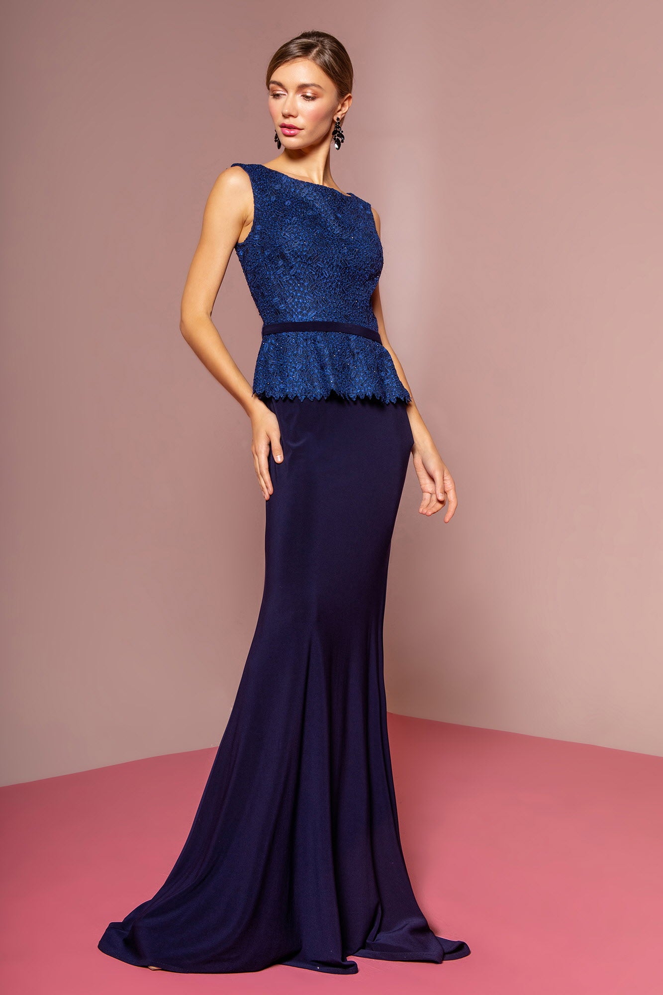 GLS Navy Peplum Jersey Floor Length Prom Dress - 3XL - Formal Gown with Lace and Keyhole Back GLS Navy Peplum Jersey Floor Length Prom Dress - 3XL - Formal Gown with Lace and Keyhole Back