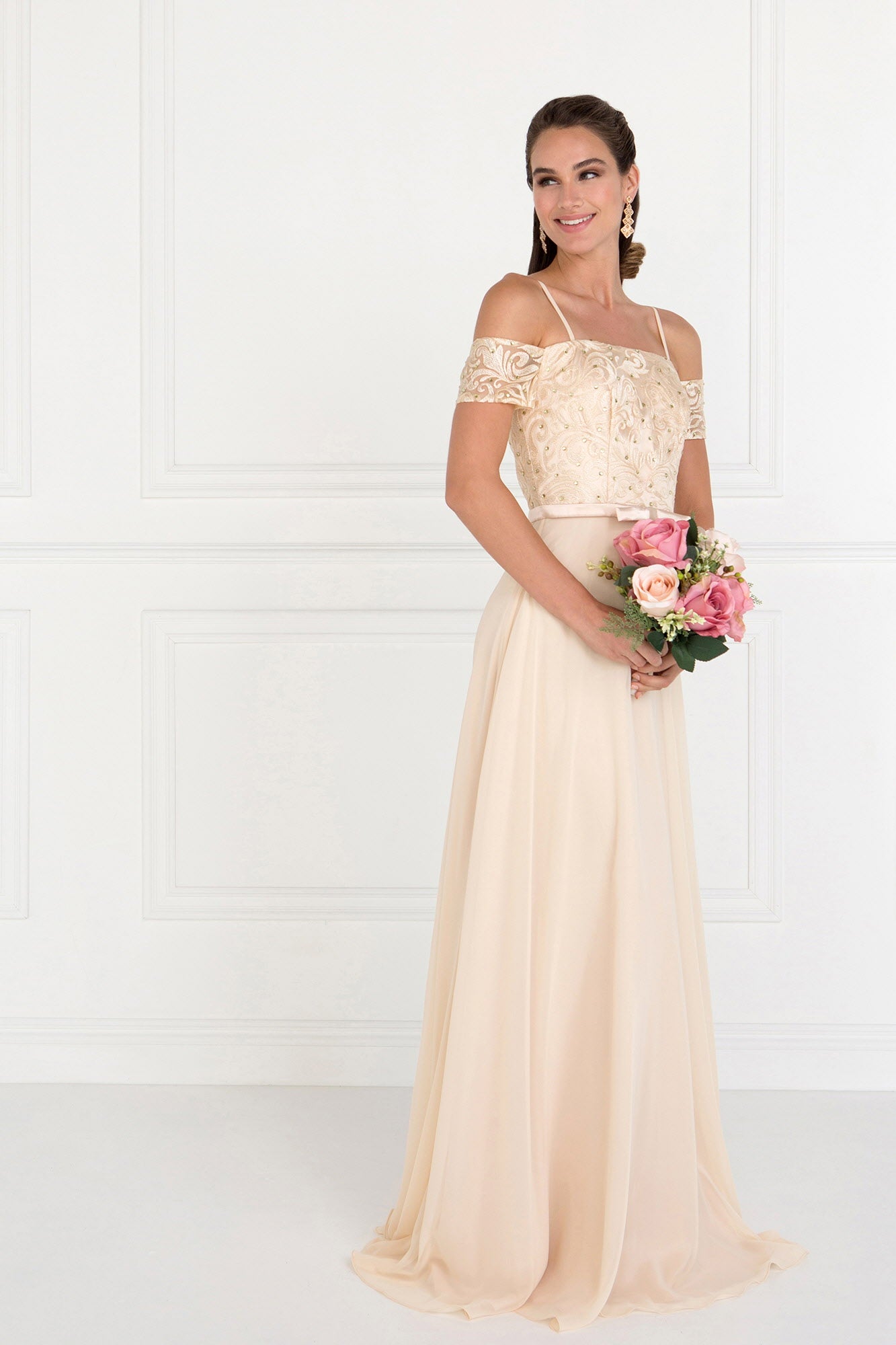 GLS Long Formal Dress for Bridesmaids - Off Shoulder Champagne - Floor Length Evening Gown GLS Long Formal Dress for Bridesmaids - Off Shoulder Champagne - Floor Length Evening Gown