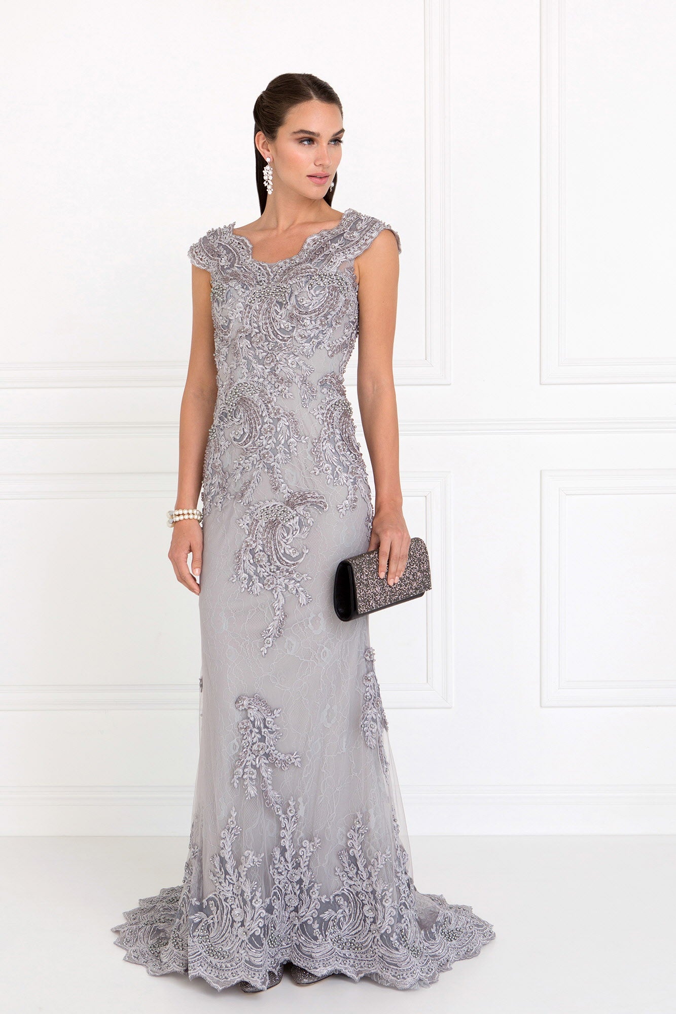 Lace Mermaid Long Dress with Embroidered V-Back XS / Silver Lace Mermaid Long Dress with Embroidered V-Back XS / Silver