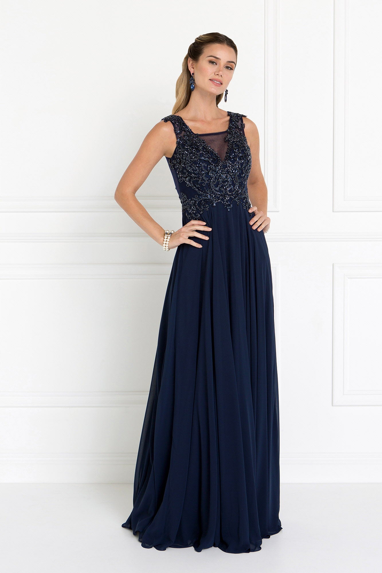 GLS Chiffon Illusion Evening Prom Long Dress - Navy - Sleeveless Square Neckline - Size S GLS Chiffon Illusion Evening Prom Long Dress - Navy - Sleeveless Square Neckline - Size S