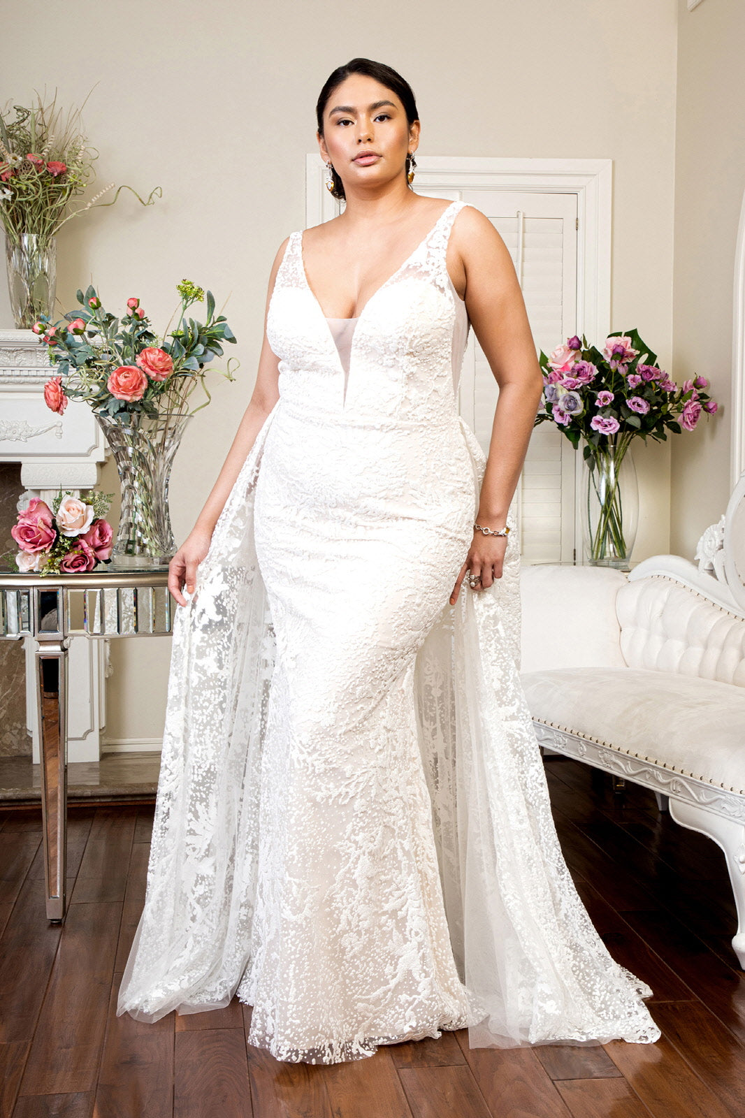 Illusion V-Neck Sheer Side and Back Mermaid Wedding Gown w/ Detachable Tux-USA Illusion V-Neck Sheer Side and Back Mermaid Wedding Gown w/ Detachable Tux-USA