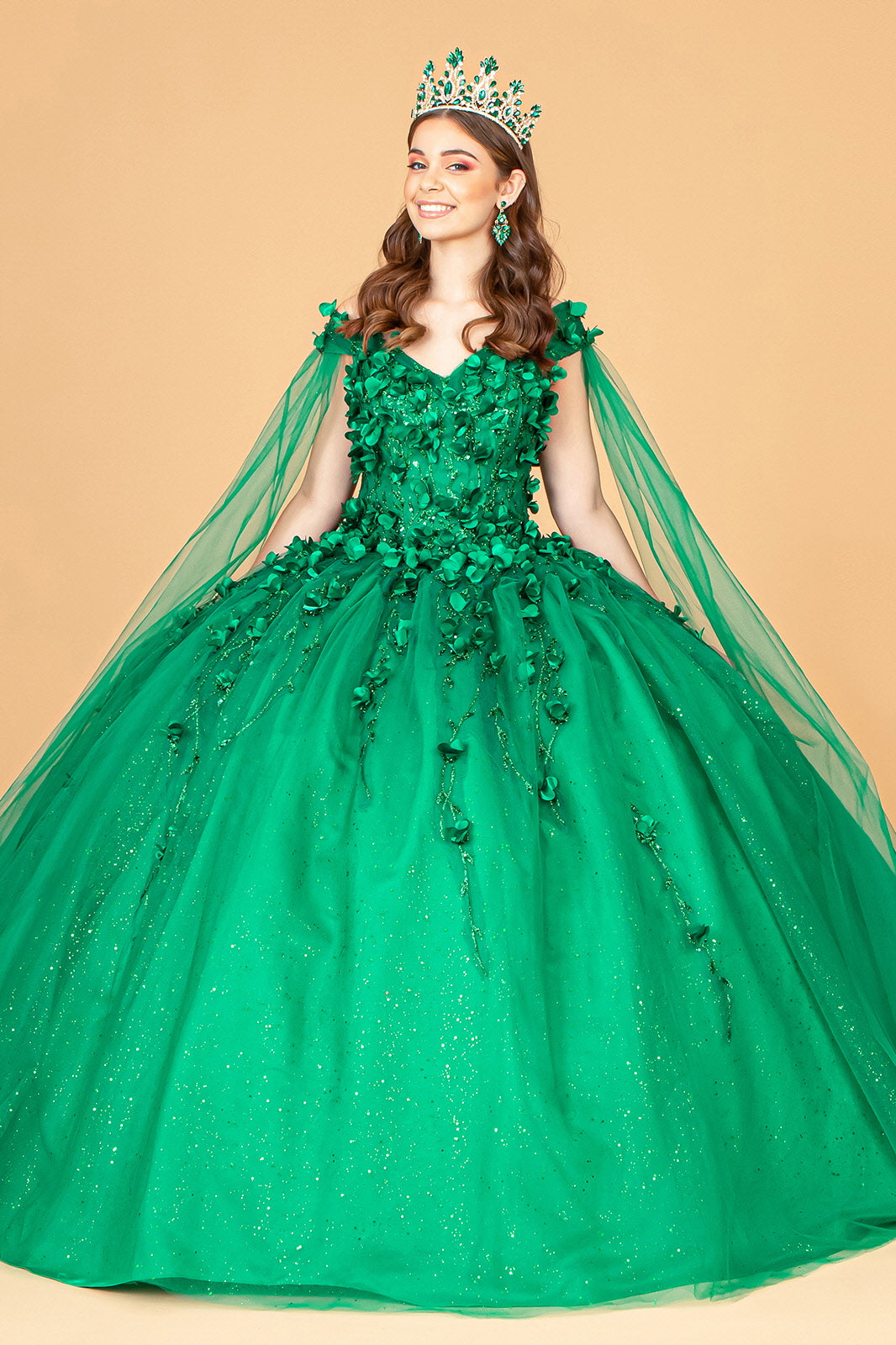 3D Floral Applique Glitter Mesh Quinceanera Dress w/ Detachable Cape Sleeve XS / Emerald Green 3D Floral Applique Glitter Mesh Quinceanera Dress w/ Detachable Cape Sleeve XS / Emerald Green