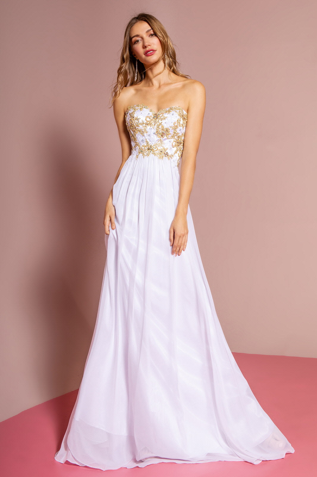 GLS Strapless Sweetheart Chiffon Long Formal Dress - White - XS - A-Line Skirt with Floral Appliques GLS Strapless Sweetheart Chiffon Long Formal Dress - White - XS - A-Line Skirt with Floral Appliques