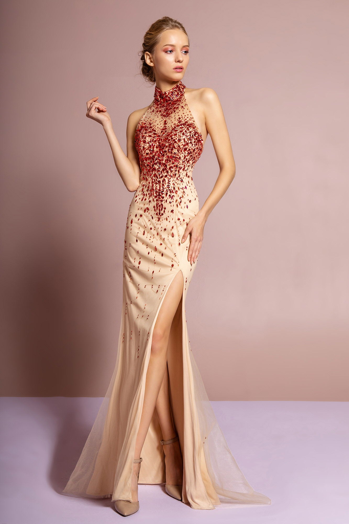 Jeweled High Neck Open Back Dress Xs / Red/Nude Jeweled High Neck Open Back Dress Xs / Red/Nude