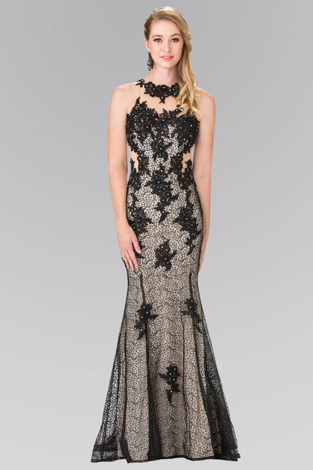 embroidered lace sheer illusion long prom dress GLS by Gloria GL3251 Women's Formal Evening & Wedding Guest Dress - Blue/Peach