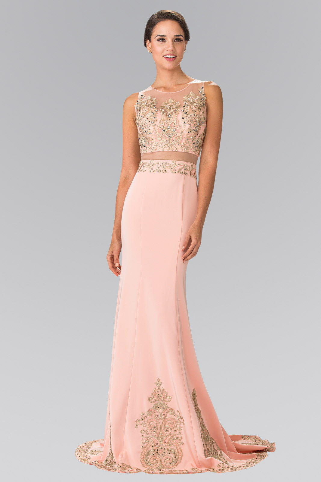 Sleeveless Mock Two-Piece Prom Dress with Loyal Embroidery Details M / Blush Sleeveless Mock Two-Piece Prom Dress with Loyal Embroidery Details M / Blush