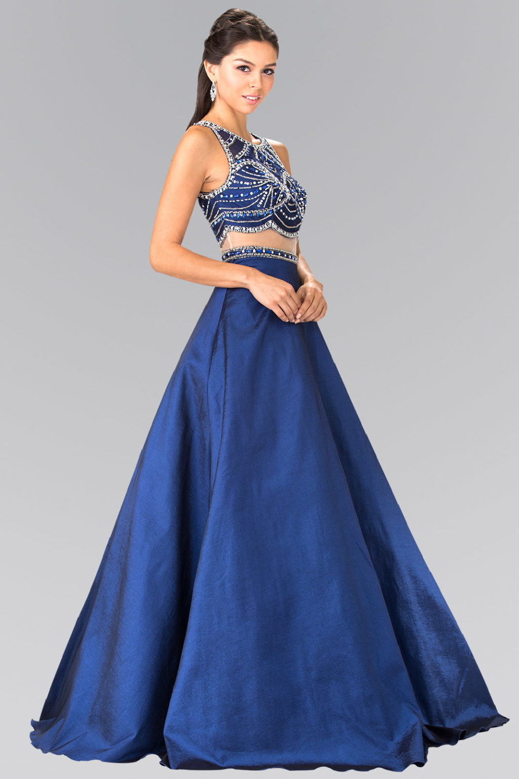 A-Line Mock Two-Piece Beading Dress with Illusion Waistline XL / Navy A-Line Mock Two-Piece Beading Dress with Illusion Waistline XL / Navy